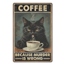 Targa in latta con gatto nero per caffè, 20x30 cm, decorazione da parete in metallo