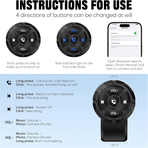 Télécommande Bluetooth avec bouton multimédia étanche et réglable pour 1