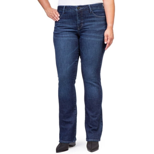 Calça jeans feminina de cintura média e corte bootcut com 30 polegadas de entrepernas e 32 polegadas de comprimento.