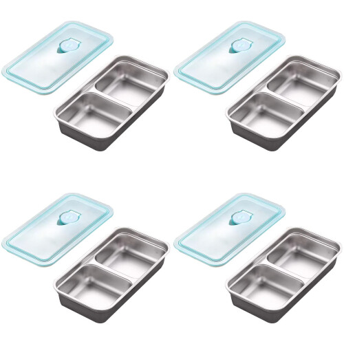 Conjunto de 4 recipientes para lanches em aço inoxidável com tampas.