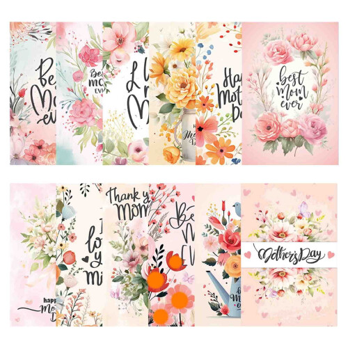 Cartões de Dia das Mães com estampa floral, envelopes e