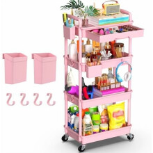 Chariot utilitaire roulant rose à 4 niveaux avec tiroir amovible et