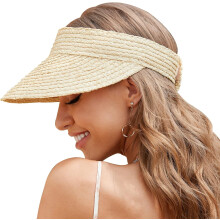 Dameszonnehoed van natuurlijk stro met SPF 50-bescherming.
