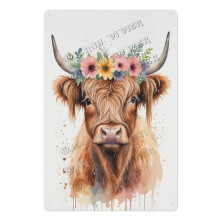 Retro metalen bord met koe en bloemenkrans, 8x12 inch