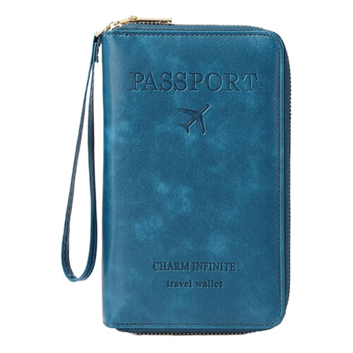Porta-passaporte com bolso para celular e compartimentos para cartões.