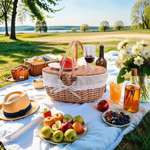 Picnickurv med låg og håndtag, vævet, kropsvaskbart for 2