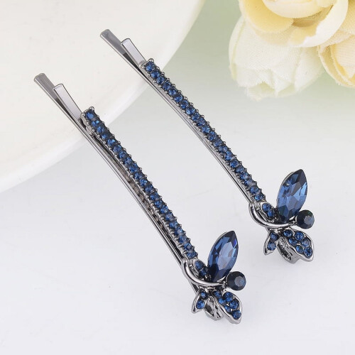 Fermaglio per capelli da donna blu navy con strass e bordo in metallo (2 pezzi)