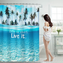 Cortina de ducha con estampado de playa y océano azul, de secado rápido, 180 cm (70,87 pulgadas)
