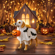 Statuetta di cane di Halloween con ciotola a forma di zucca e fantasma in resina