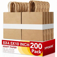 Sacs cadeaux en papier kraft avec poignées, 20 x 11 x 25 cm, paquet de 200