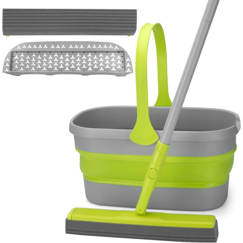 Sponge Mop Set with Collapsible Bucket and Replaceable Pads