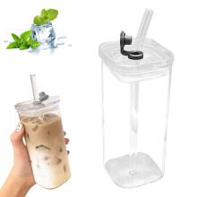 Tasse carrée en verre pour café glacé avec couvercle et paille 400 ml