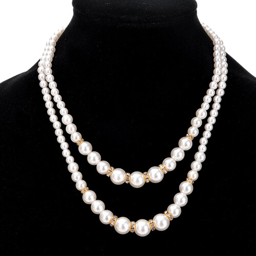 Colar feminino de duas camadas com pérolas artificiais e strass dourado 1