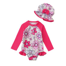 Girls' long sleeve rash guard swim suit with hat and zip,