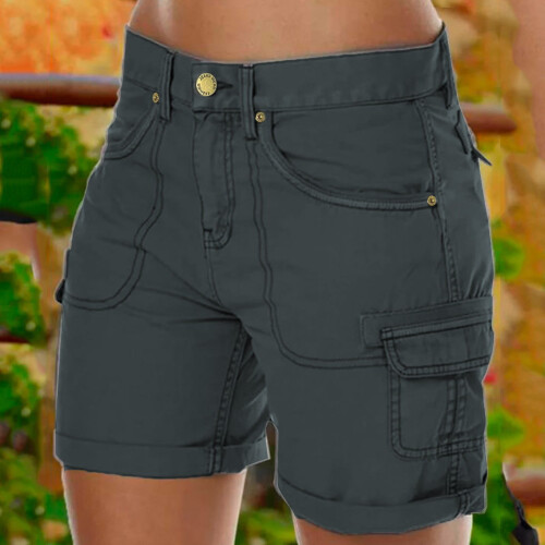 Shorts femininos casuais de cor sólida com elastano e cintura de 7,6 cm (3 polegadas), estilo cargo. 1