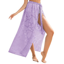 Chiffon Swimsuit Coverup Sarong - Floral Beach Wrap Skirt Sheer Bathing Suit Cover Up Long Resort Wear,Purple,XL