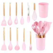 Ensemble d'ustensiles de cuisine avec manches en bois naturel, 12 pièces