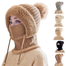 Ensemble bonnet, écharpe et masque en maille beige pour femme, taille unique