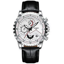(Style F) Men's Chronograph Watch, Silver Case White Dial Black Leather Strap Sport Quartz Wristwatch