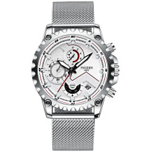 (Style C) Men's Chronograph Watch, Silver Case White Dial Black Leather Strap Sport Quartz Wristwatch