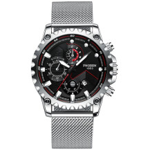 (Style D) Men's Chronograph Watch, Silver Case White Dial Black Leather Strap Sport Quartz Wristwatch