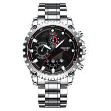 (Style B) Men's Chronograph Watch, Silver Case White Dial Black Leather Strap Sport Quartz Wristwatch