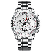 (Style A) Men's Chronograph Watch, Silver Case White Dial Black Leather Strap Sport Quartz Wristwatch