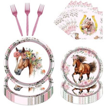 Decoraciones de cumpleaños con temática de caballos: platos, servilletas y tenedores (96 piezas)