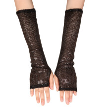 Schwarze, glitzernde Netzhandschuhe für Damen, fingerlos, langärmelig