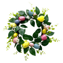 Coroană florală cu lalele de primăvară, ouă și trandafiri, 40 cm