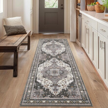 Runner Rug Thin Lightweight 2x5 ft Dark Grey Vintage Floral