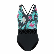 Girls' swimsuit green leaf pattern round neck hollow design
