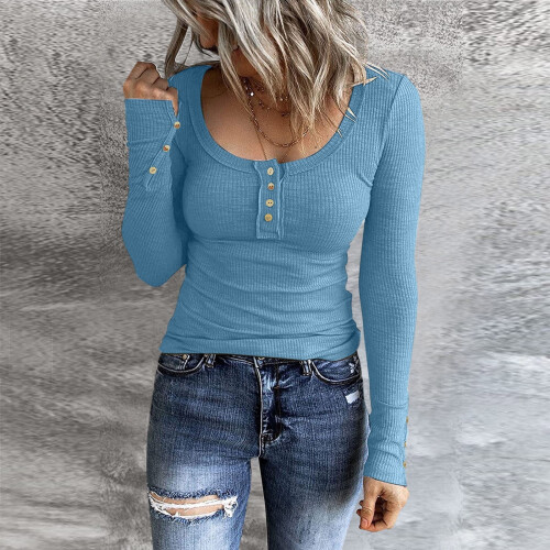 Γυναικείο T-shirt Henley με μακριά μανίκια, στενή γραμμή, ριμπ πλέξη 1