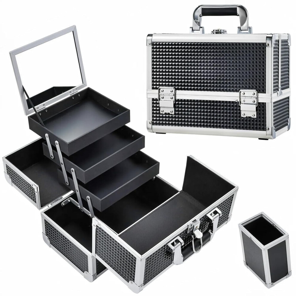 Makeup Train Case with Mirror Shine Black 3-Tray