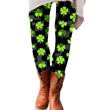 Women's Green Leggings Neon Clover Plaid Leggings Shamrock Print Stretch Pants Tights for Daily Wear Fluorescent Green 3XL