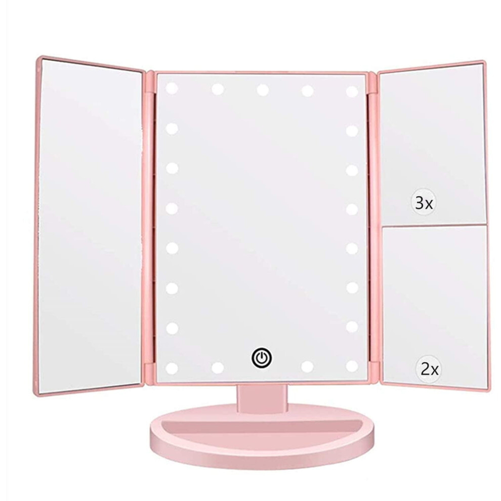 Tri-fold lighted vanity mirror with 3x/2x/1x magnification