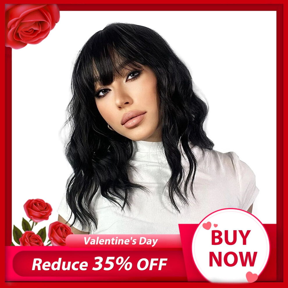 Short Wavy Bob Wig with Bangs Brown Synthetic 12 Inch