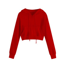 Trendy cropped hættetrøje med snøre og lange ærmer til kvinder, let og behagelig, street style, modetop, størrelse S, rød