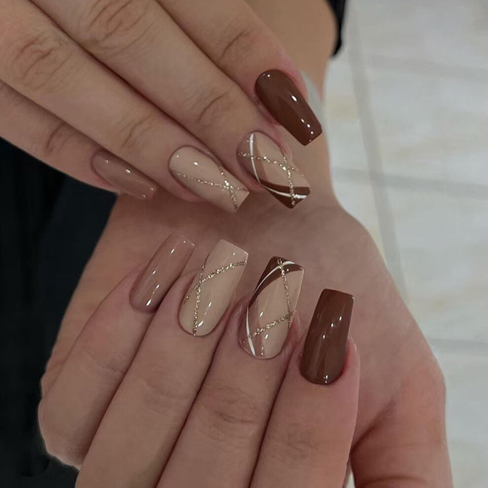 24 Pcs Grids On Nails Glossy False Nails Ballerinas Glittering Artificial Acrylic Nails