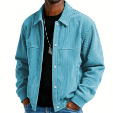 Jaqueta masculina casual de manga comprida com botões, azul celeste, tamanho XXL.
