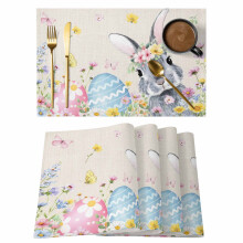 Easter Bunny Placemats Gray Rabbits Blue Pink Eggs Linen