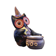 Statuetta in resina di gufo viola con cappello da strega, decorazione di Halloween