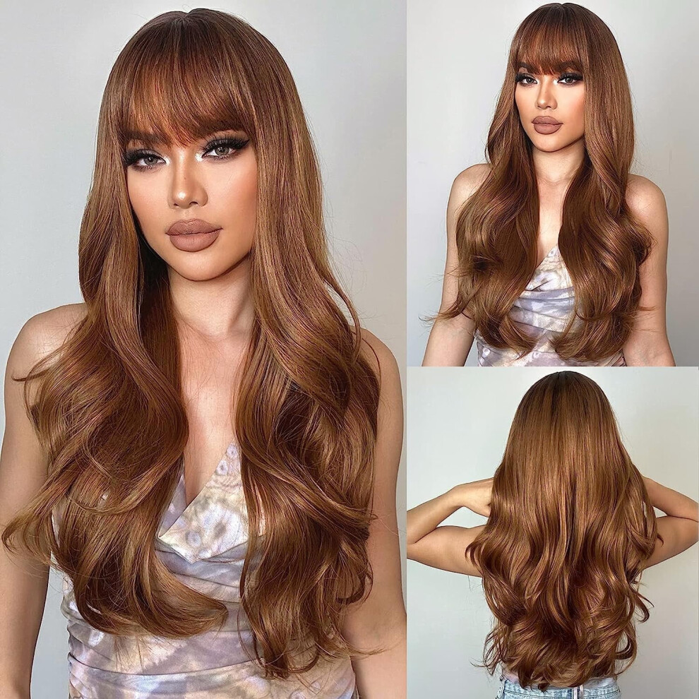 Wine Red Long Wavy Wig with Bangs Heat-Resistant 26 inch