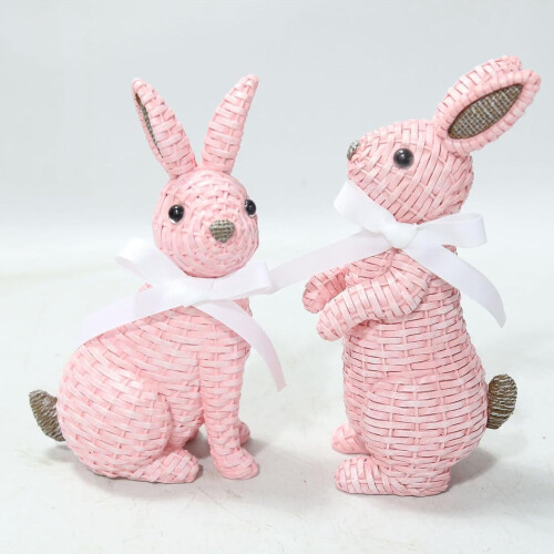 Osterdekorationsset aus rosa Rattanhasen, 2-teilig