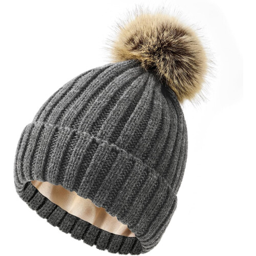 Damen-Strickmütze mit Satinfutter und abnehmbarem Bommel