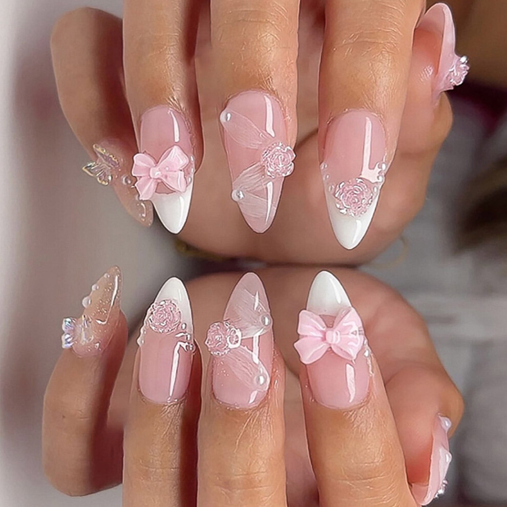 White French Tip Press-On Nails Almond Shape 24 Pcs