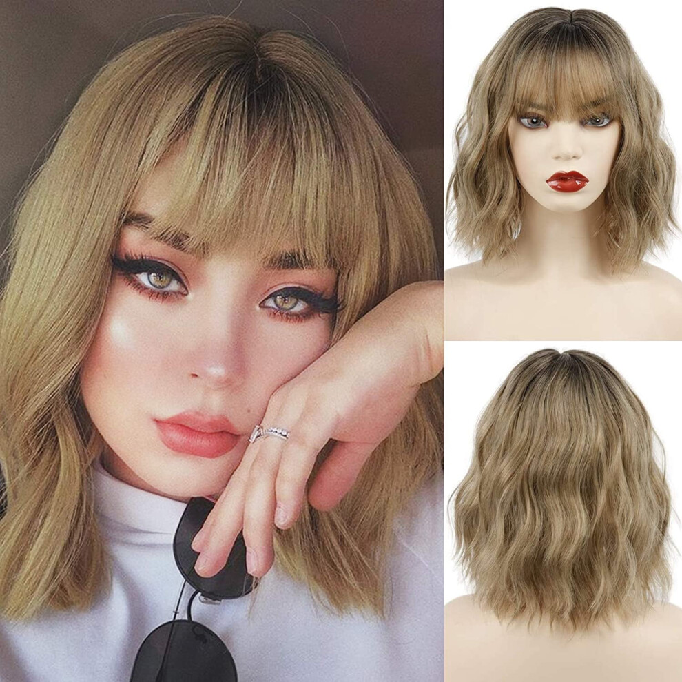 Ombre Blonde Wavy Bob Wig with Bangs Synthetic 12in