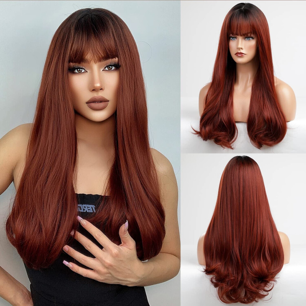 Auburn curly wig with bangs layered synthetic 12 inch