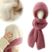 Cachecol com capuz, gorro e máscara de tricô rosa para mulheres