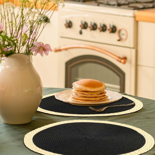 Schwarze, gewebte Platzsets, rund, 38 cm Durchmesser, 6er-Set